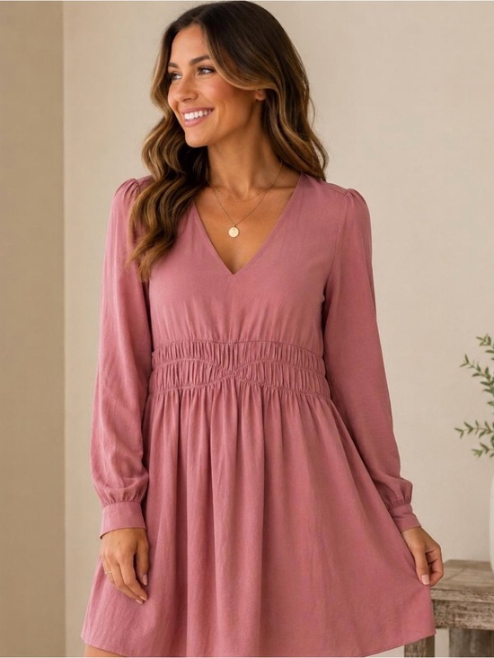 Express Dresses & Skirts - Long Sleeve V-Neck Smocked Waist Dress in Dusty Rose